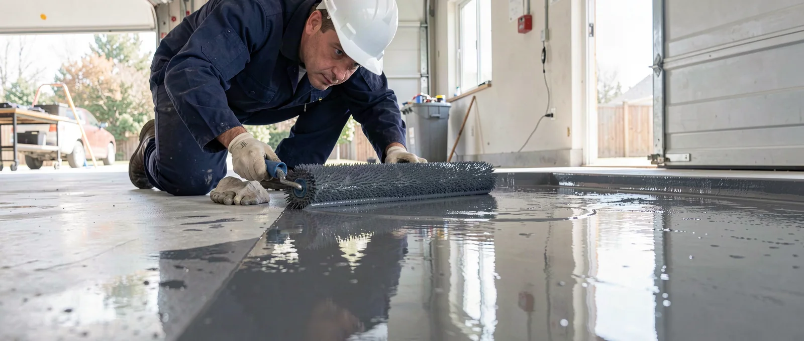 Epoxy flooring contractor on a job site in Greenville, SC